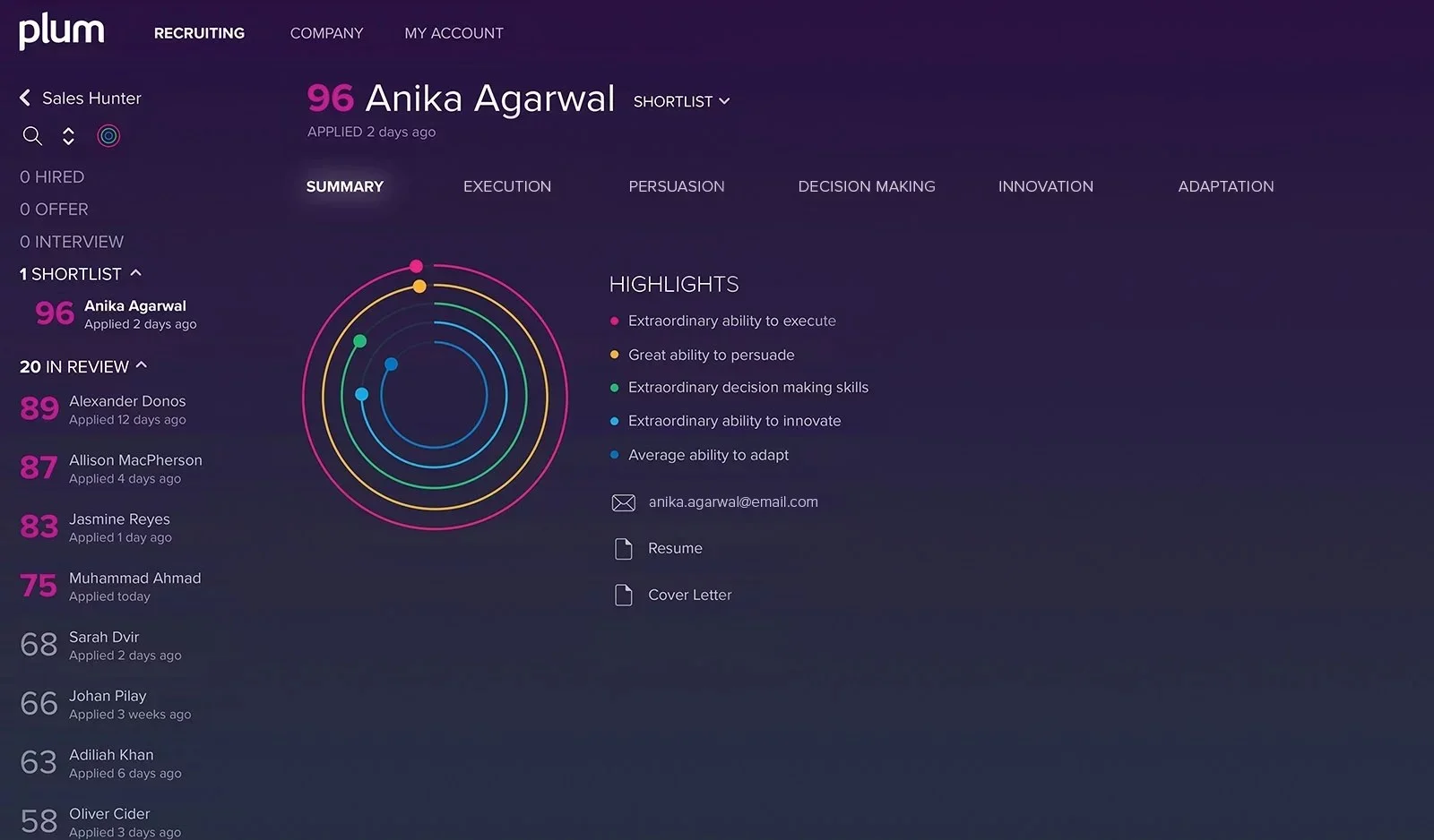 Screenshot of the Plum UI
