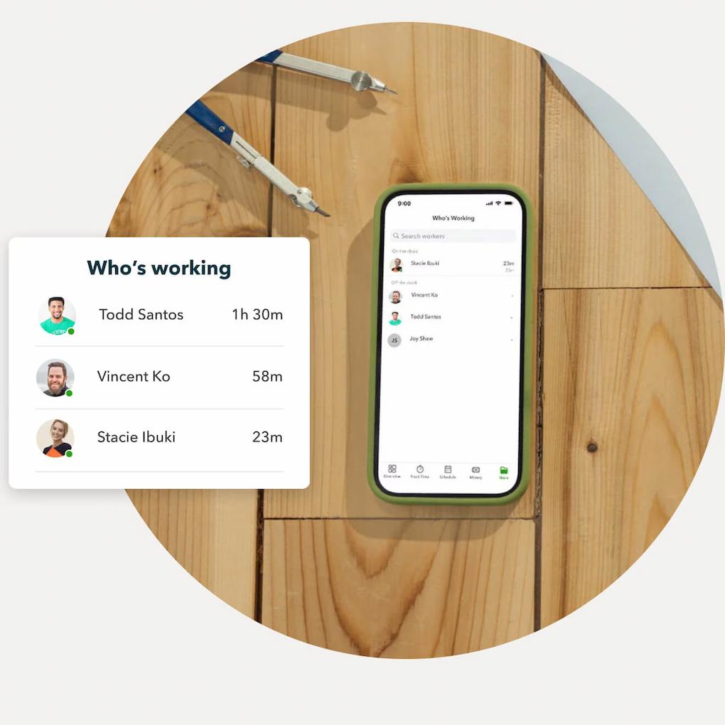 An image of QuickBooks Time tracking software displaying a mobile version of who's currently working and how much time they've logged.
