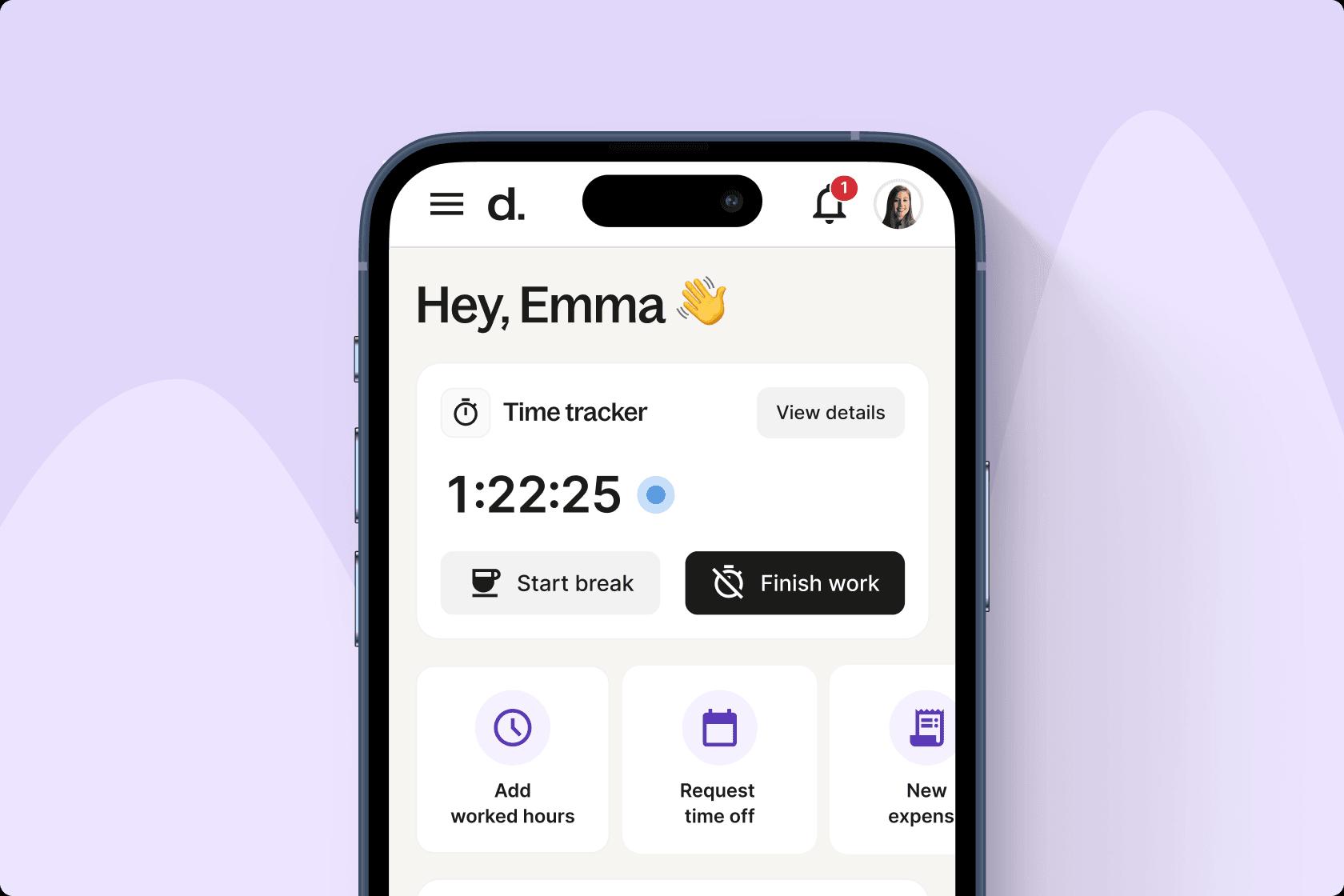 A screenshot of Deel's time-tracking tool on mobile showing options to start a break or finish work.