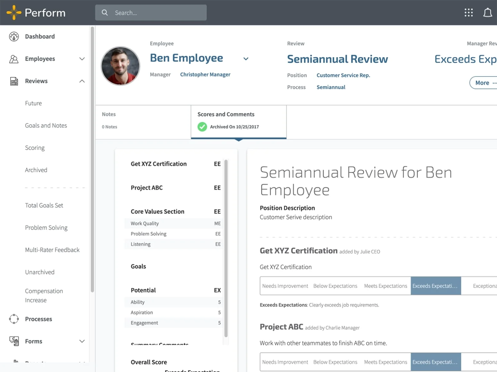 Screenshot of the Trakstar Perform UI.