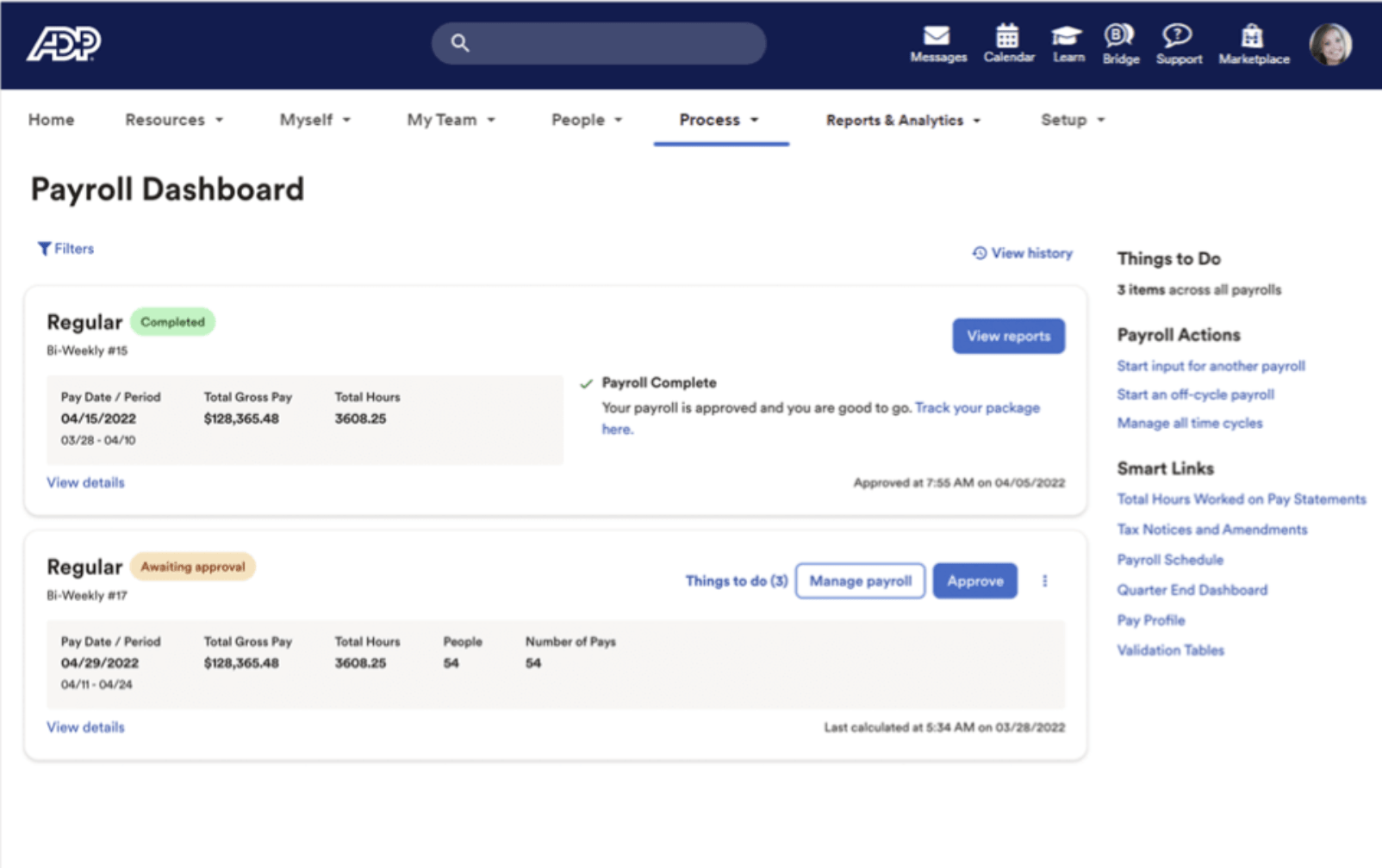A screenshot of an ADP Workforce Now Payroll dashboard.
