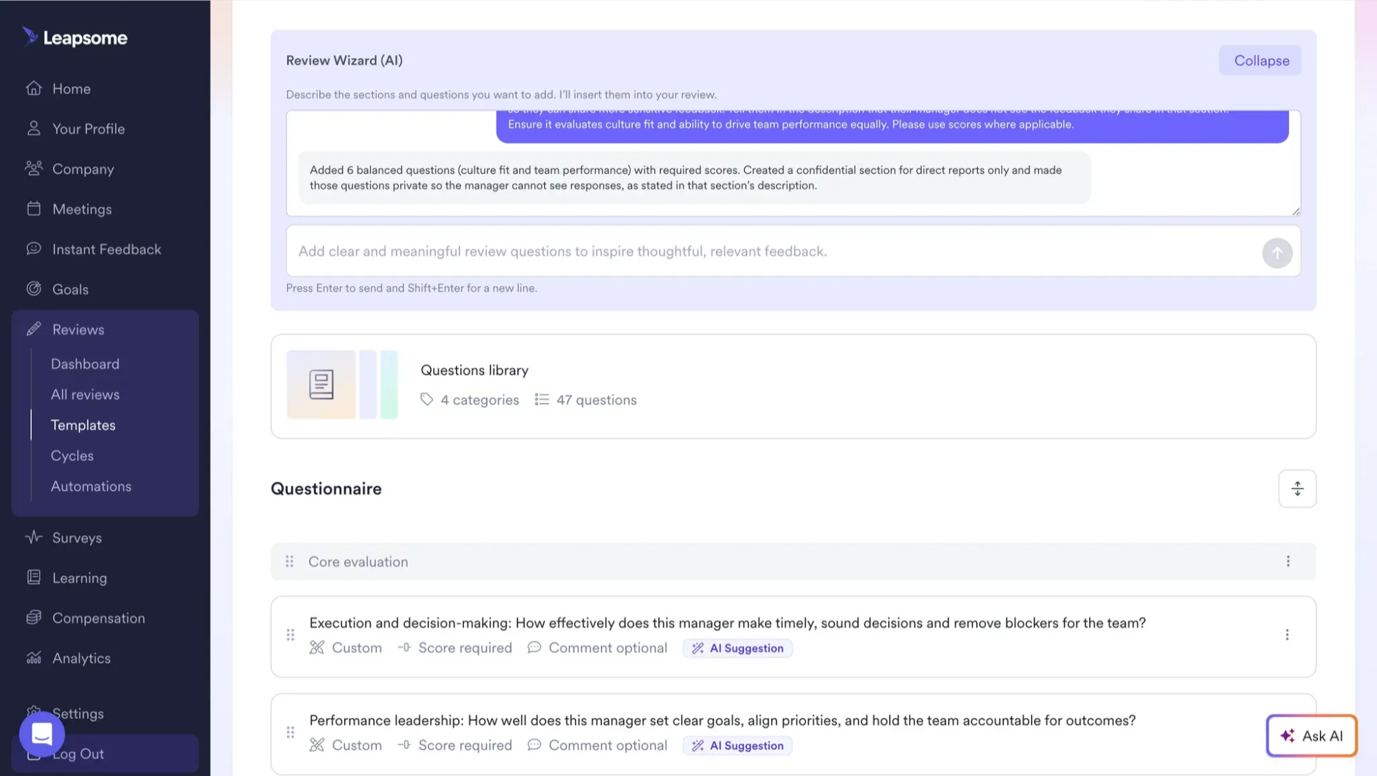 Screenshot of Leapsome’s review template editor displaying the AI Review Wizard, questions library, and questionnaire items.