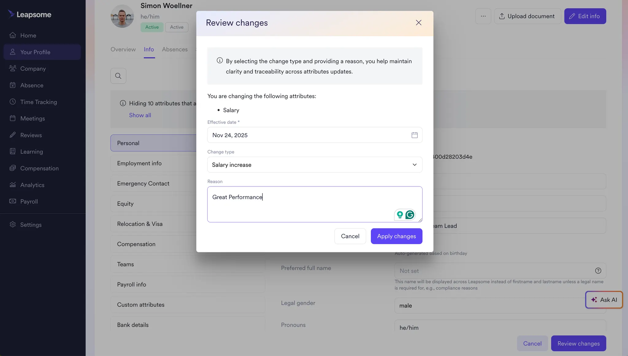 Screenshot of Leapsome’s employee profile showing a Review Changes modal for updating salary with an effective date, change type, and reason field.