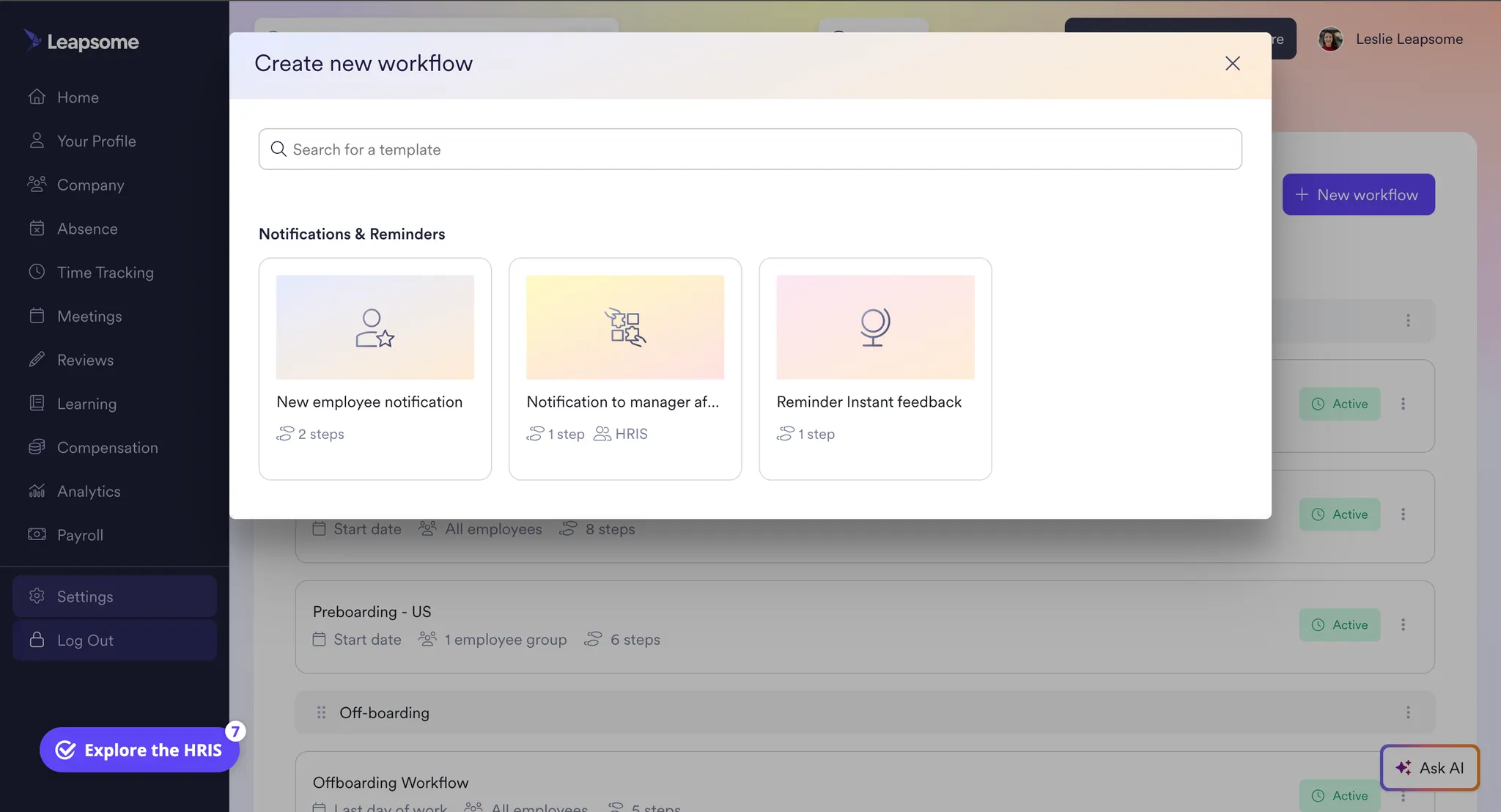 Screenshot of Leapsome’s workflow creation window displaying template options for notifications and reminders.