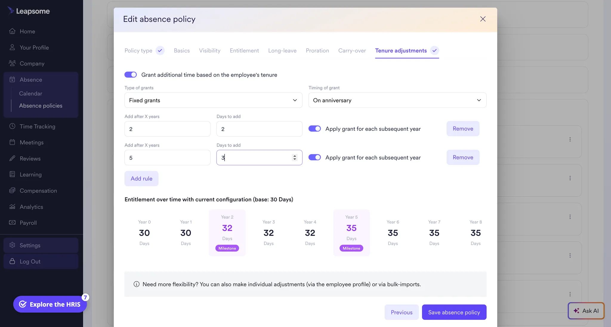 Screenshot of Leapsome’s absence policy editor showing tenure-based time grants and an entitlement timeline.
