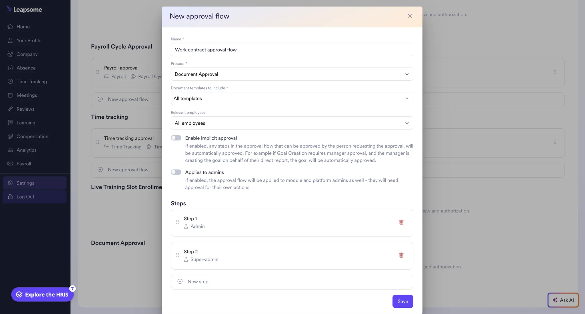 Screenshot of Leapsome’s new approval flow setup window showing fields for naming the flow, selecting processes, choosing employees, and defining step-by-step approvers.