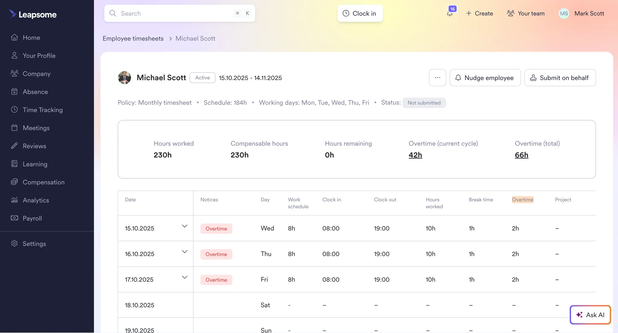 Screenshot of Leapsome’s employee timesheet view showing hours worked, overtime totals, and daily time entries for Michael Scott.