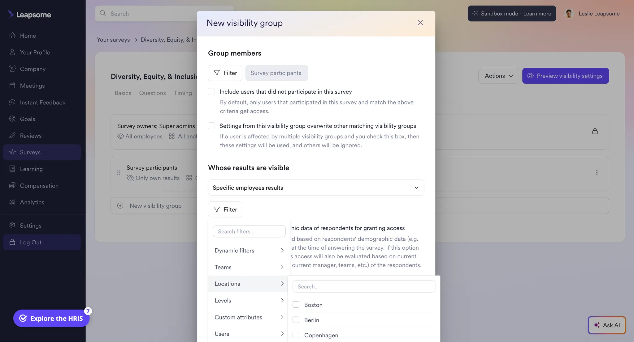 Screenshot of Leapsome’s visibility group setup window showing options to define group members and control whose survey results are visible.