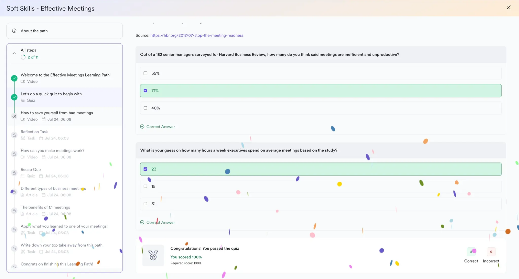 Screenshot of Leapsome’s learning path quiz results showing correct answers highlighted and a 100% completion celebration.