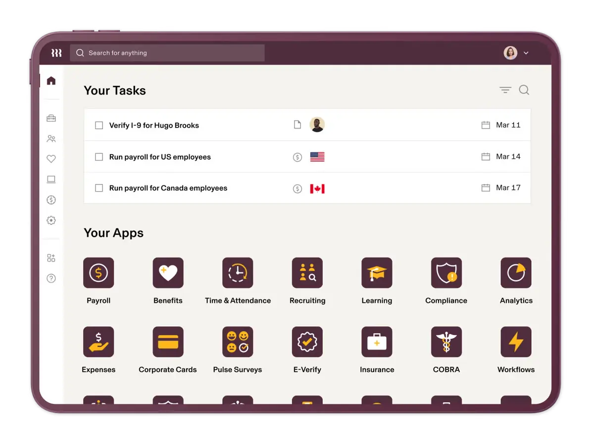 Rippling dashboard view with lined up tasks and apps