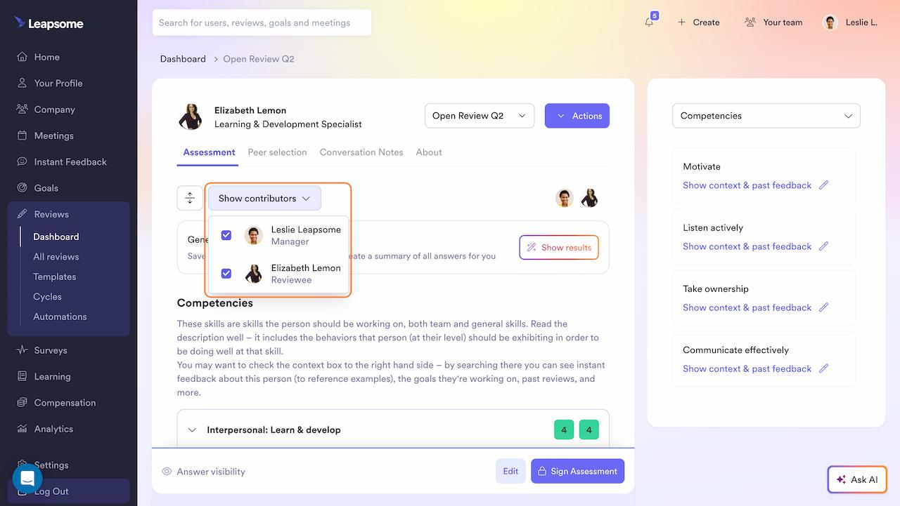 Performance Review overview dashboard showing summay of assessment. Tabs for peer selection, conversation notes, and insights.