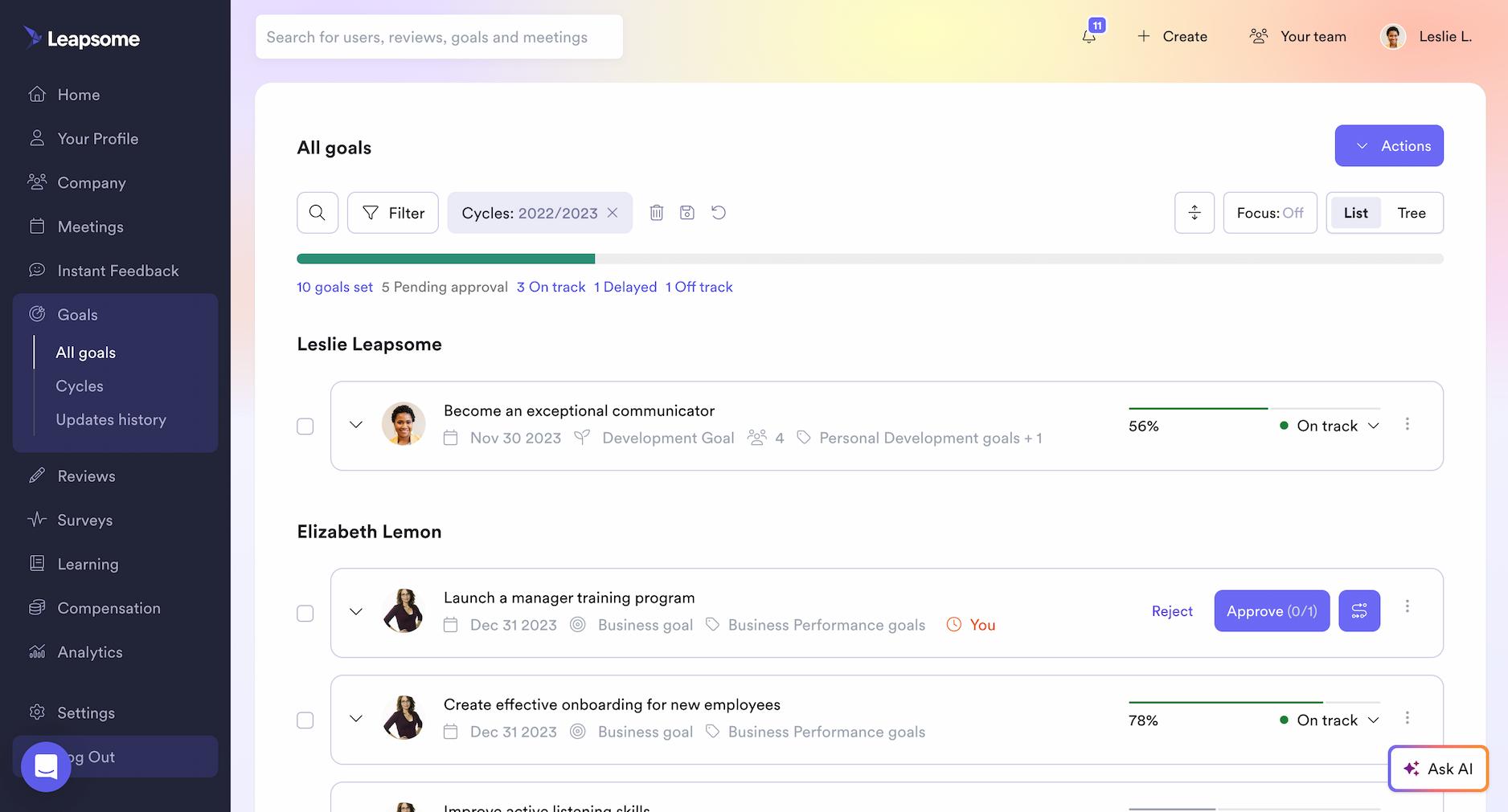 Overview of Goals dashboard showing progress bar on achieving goall, plus how many are on track, on hold or delayed.