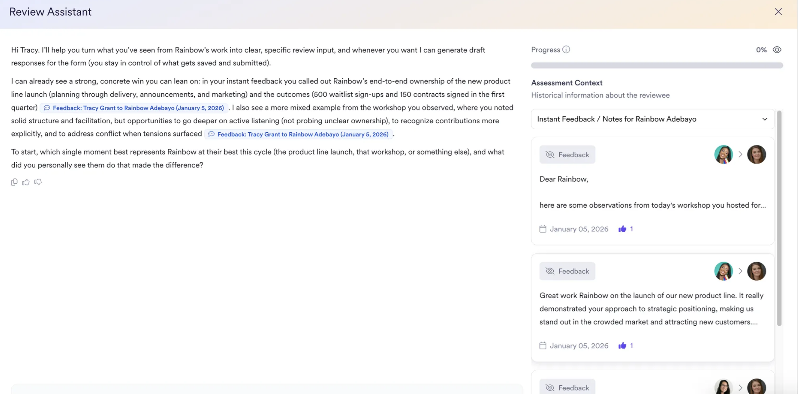 Leapsome’s screenshot of the Review Assistant interface, showing AI-generated guidance for writing a performance review alongside historical feedback and assessment context for the reviewee.