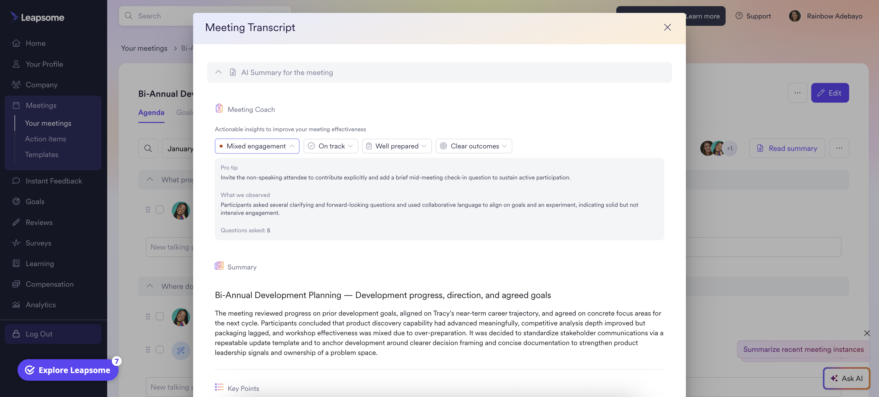Leapsome’s screenshot of the Meeting Transcript view, showing an AI-generated meeting summary, coaching insights, and key takeaways from a bi-annual development planning meeting.