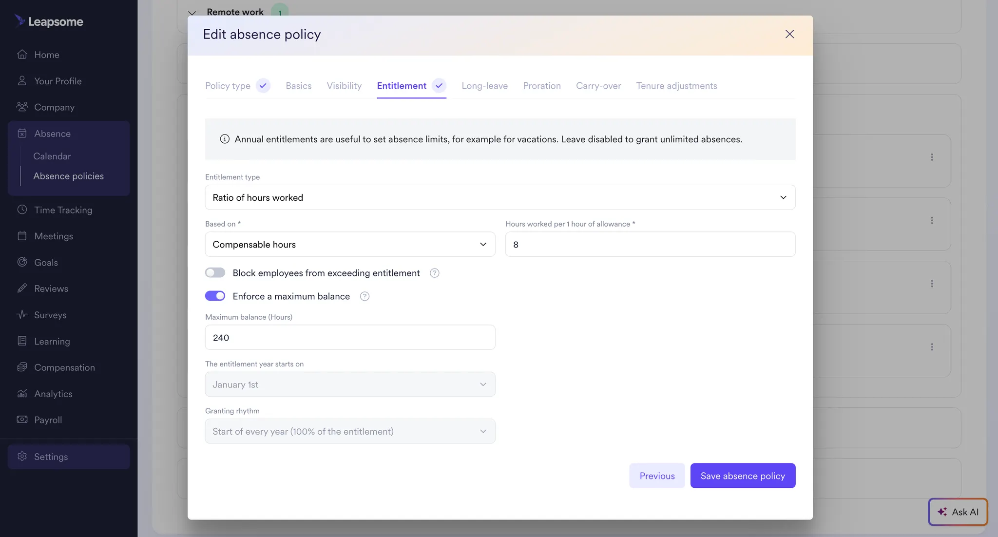 Leapsome’s screenshot of the Edit absence policy page, showing entitlement settings such as accrual based on hours worked, maximum balance enforcement, and annual granting rules.