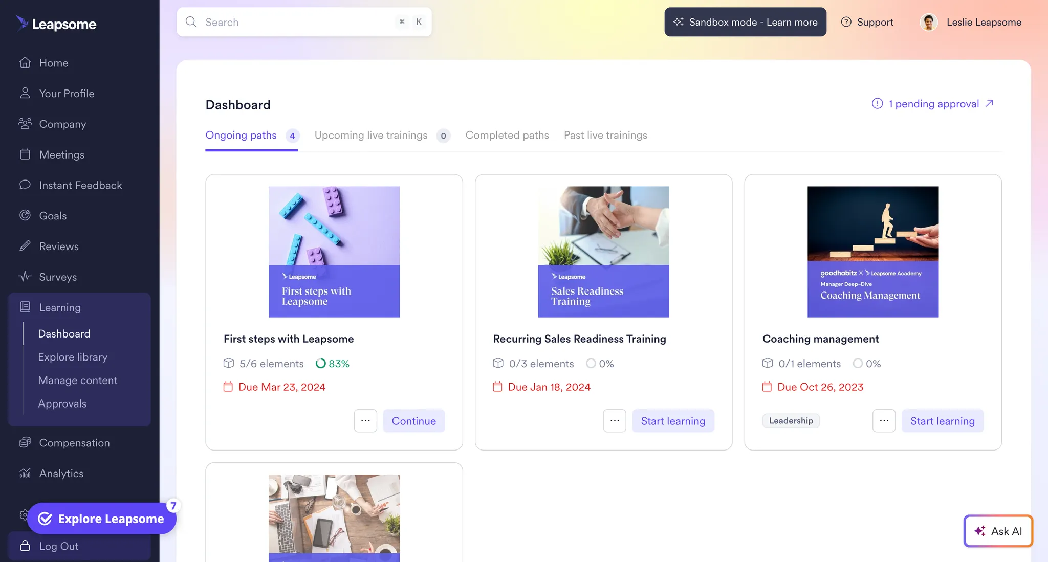 Leapsome’s screenshot of the Learning dashboard, showing ongoing learning paths with progress, due dates, and options to continue or start training.