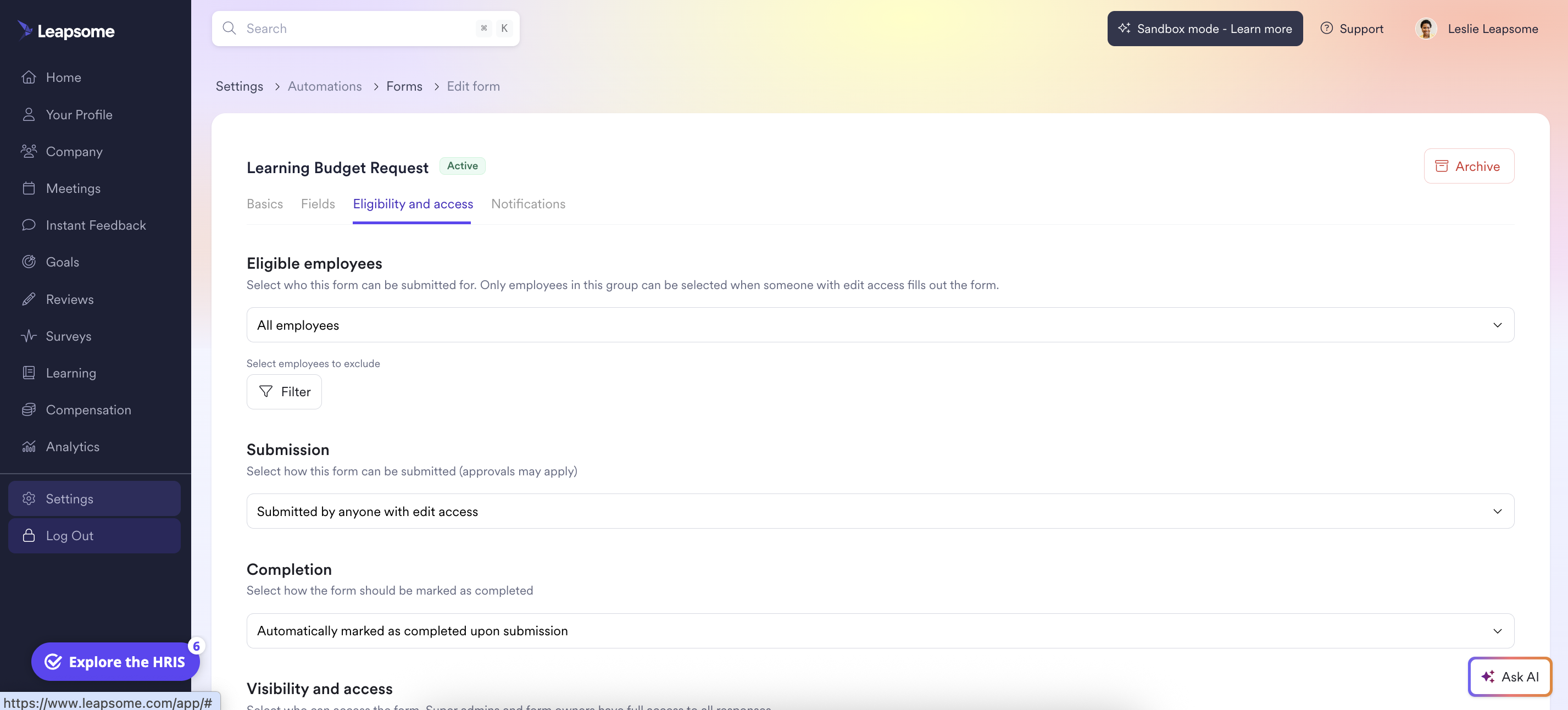 Leapsome’s screenshot of the Learning Budget Request form settings page, showing the Eligibility and access tab with options for eligible employees, submission permissions, and completion rules.