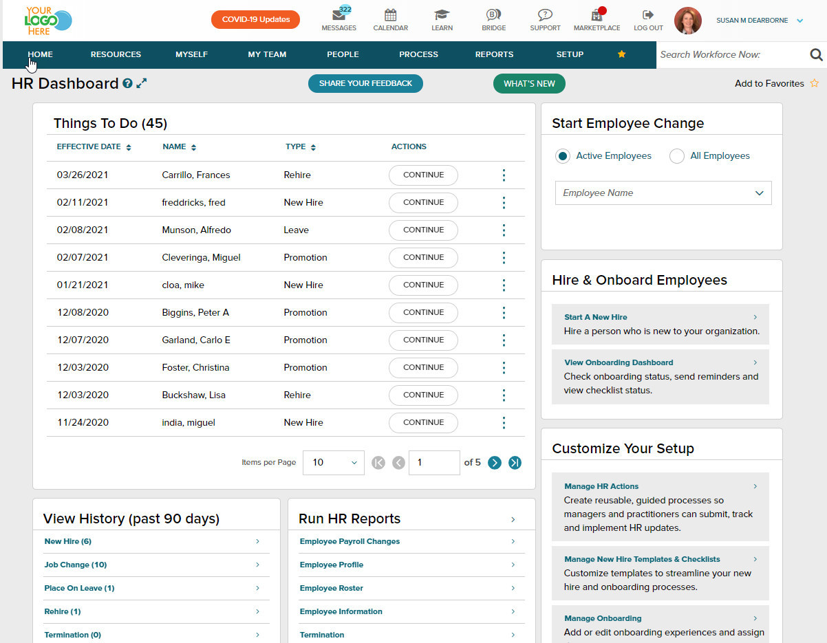 Screenshot of ADP Workforce Now enterprise HR platform showing payroll processing and compliance management features