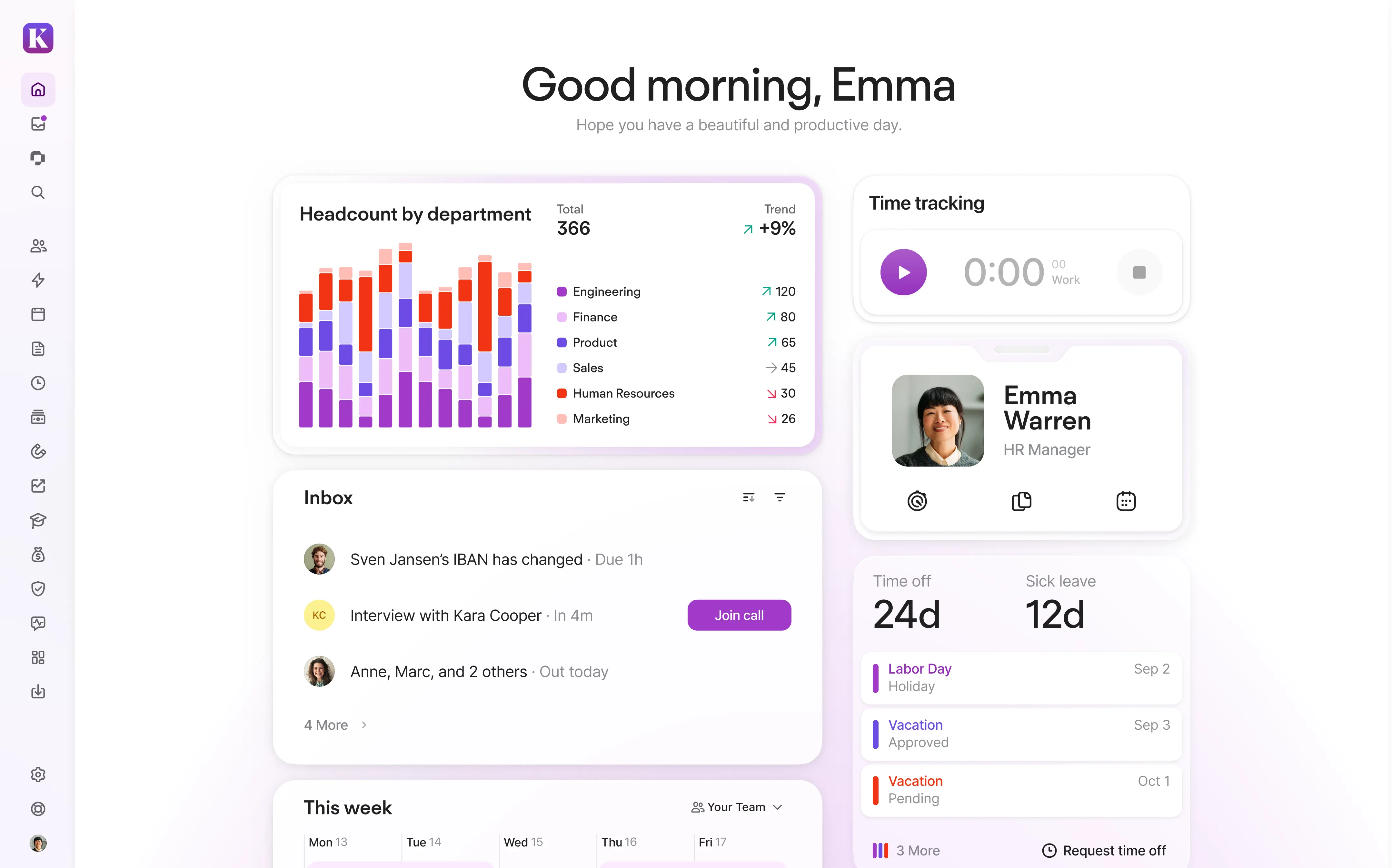 Screenshot of Personio HR platform showing employee database, applicant tracking, and time tracking features