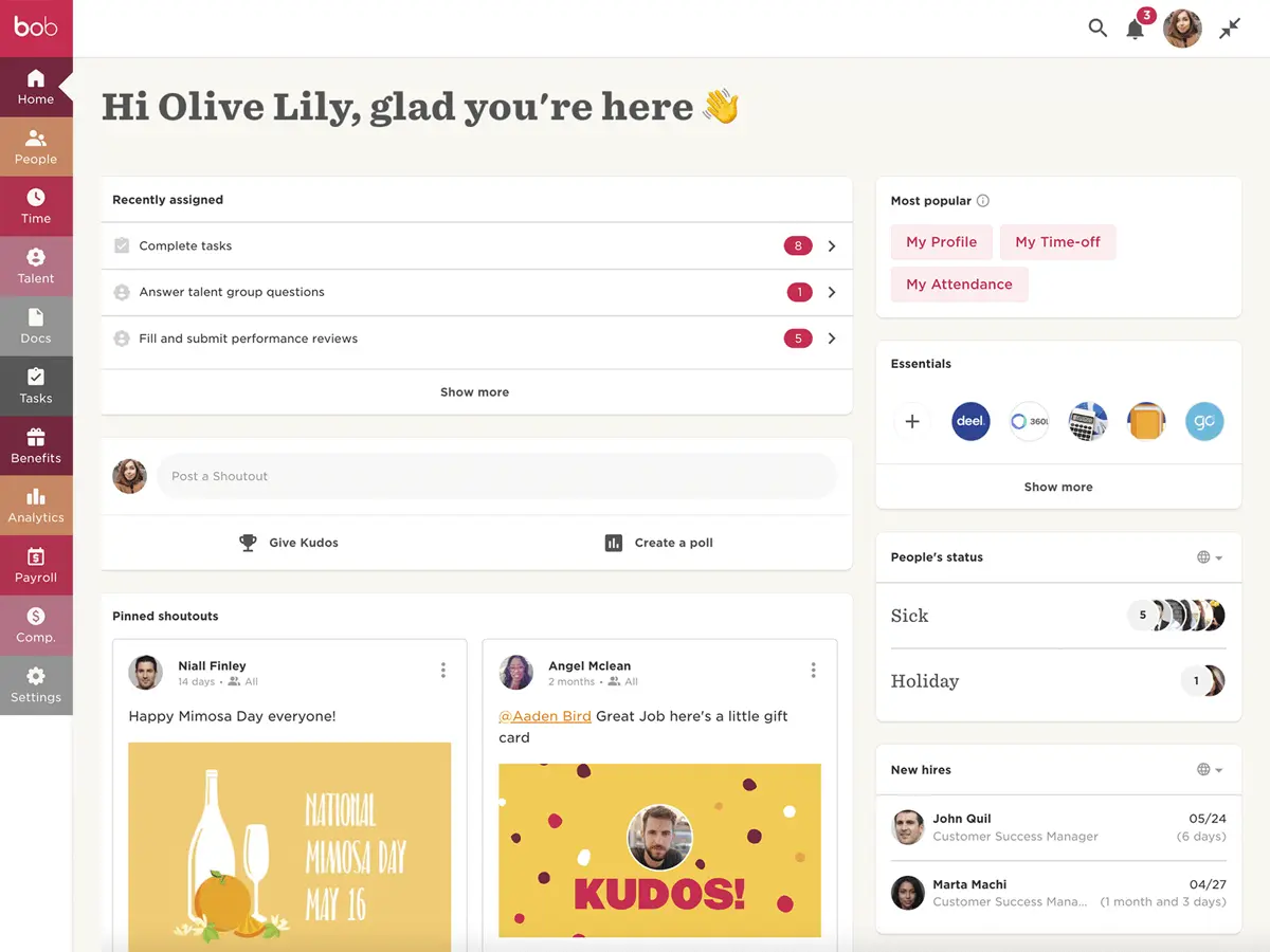 Screenshot of HiBob HR platform with modern interface showing employee profiles, performance management, and engagement tools