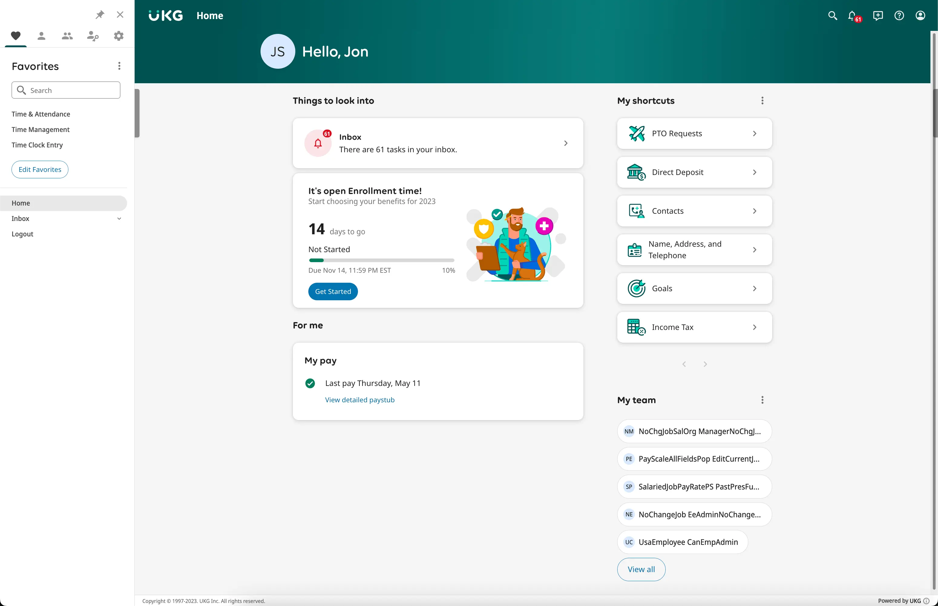 Screenshot of UKG workforce management platform displaying time tracking, scheduling, and labor analytics features