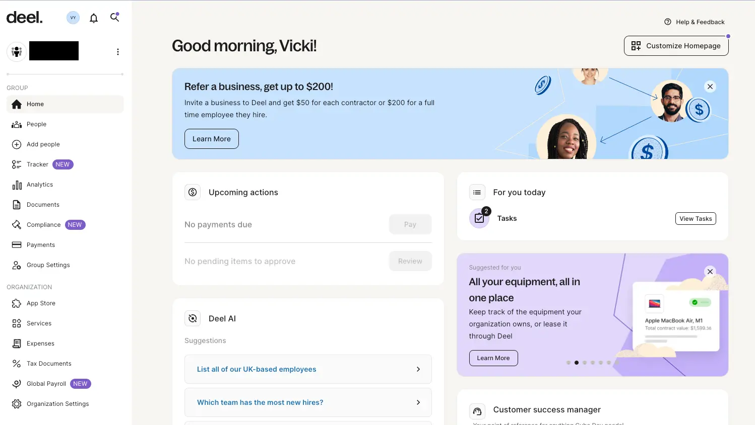 Screenshot of Deel HRIS with AI analytics