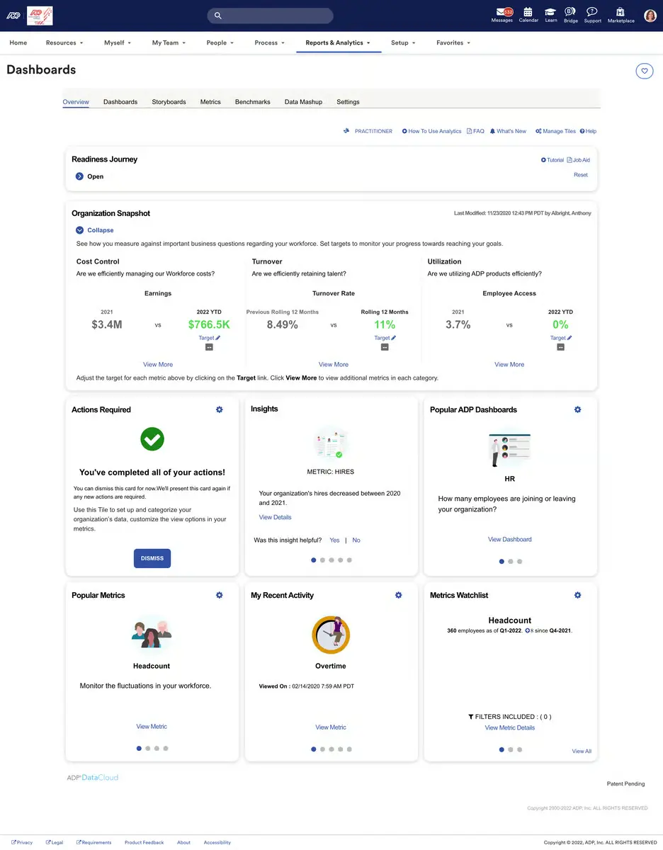 Screenshot of the platform dashboard in ADP Workforce Now.