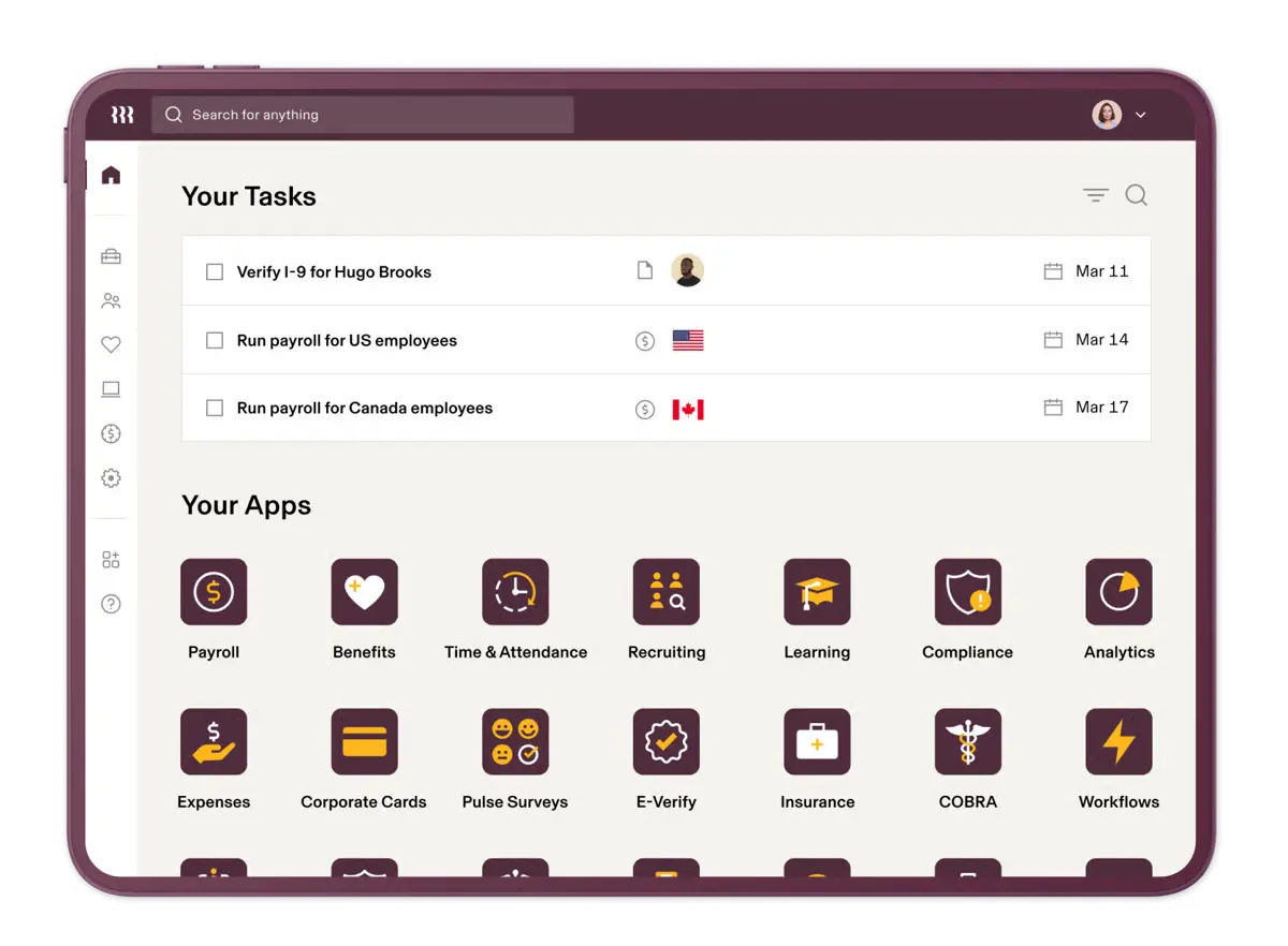 Product image of the "Your Tasks" dashboard in Rippling's HRIS.