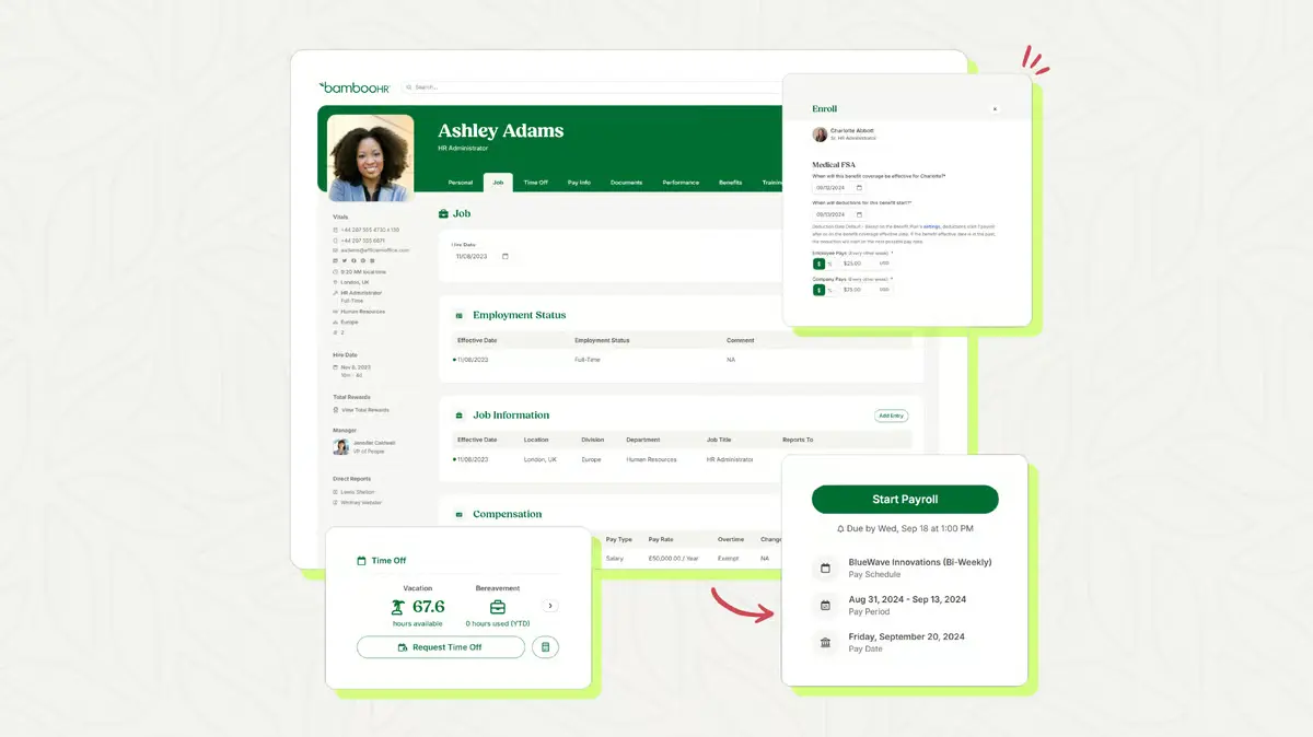 Collage of product screenshots from across the BambooHR HRIS.