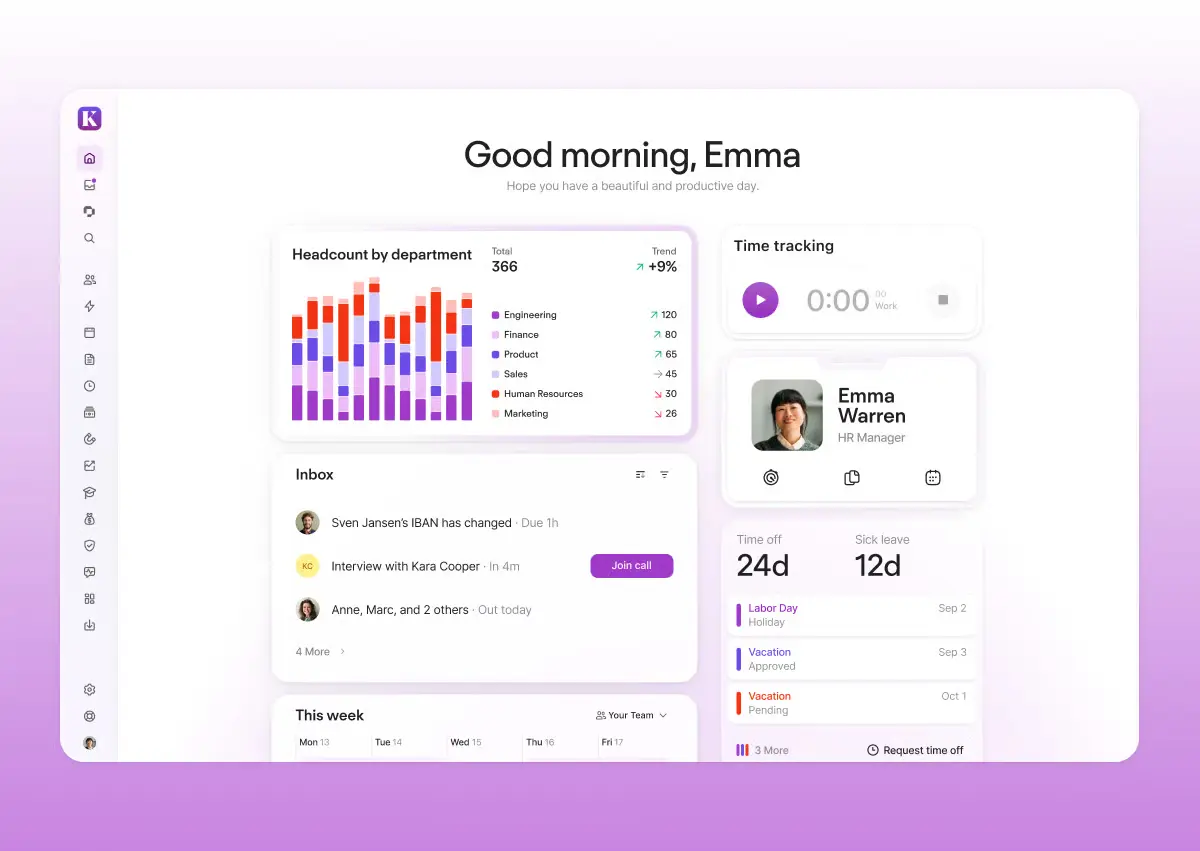 Screenshot of the home dashboard in Personio's HR platform.