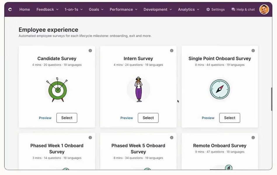 Screenshot of the Culture Amp “Employee experience” dashboard showing survey templates such as Candidate Survey, Intern Survey, and onboarding surveys, each with preview and select options.