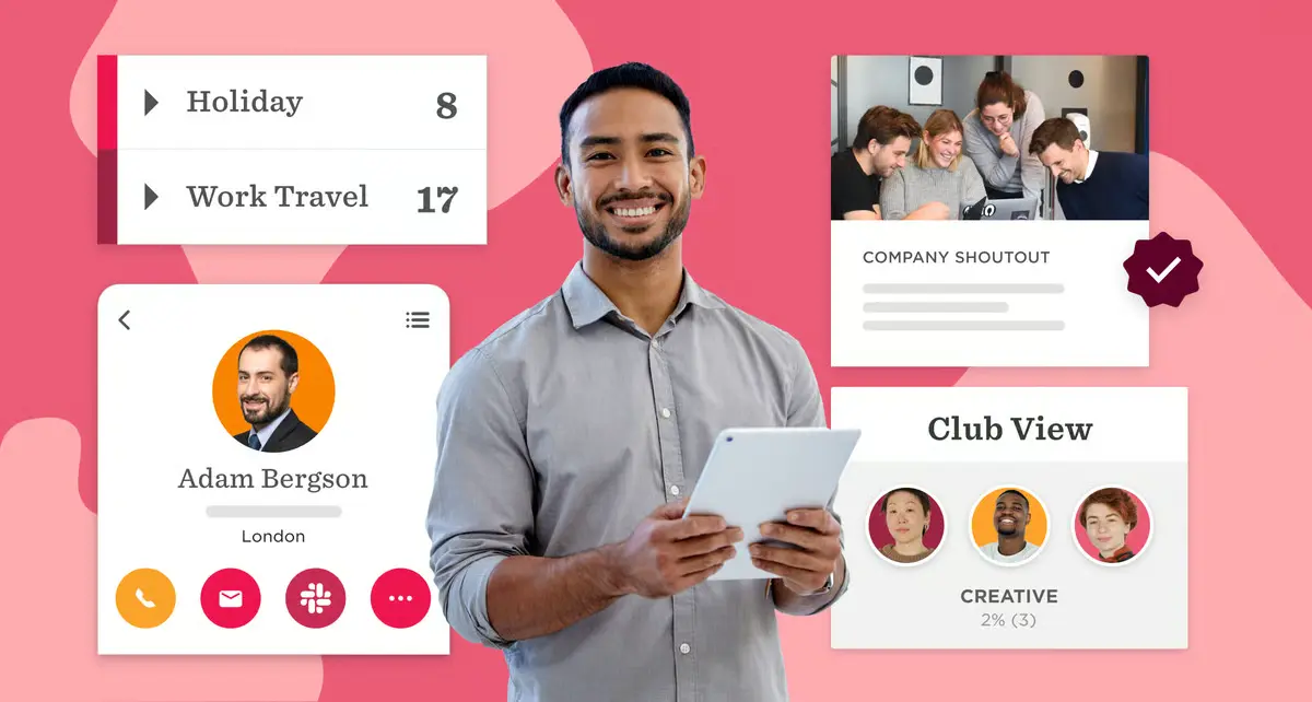 Smiling man holding a tablet, surrounded by demo product images from HiBob HRIS.