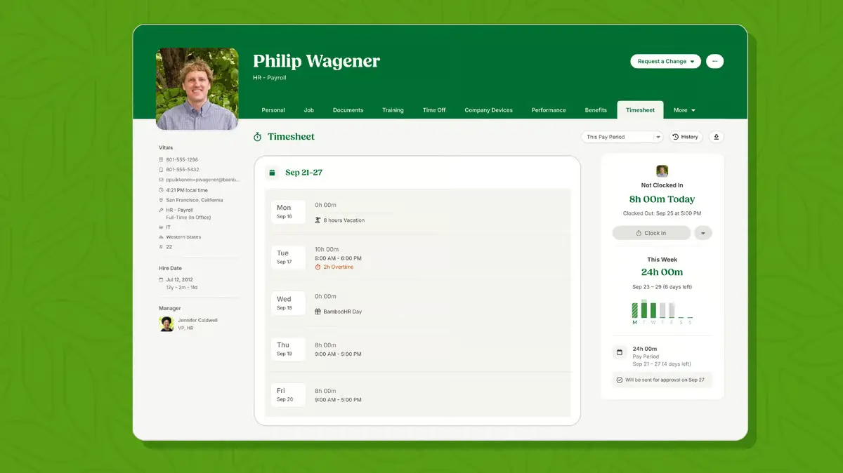 Product image showing an example timesheet in BambooHR software.