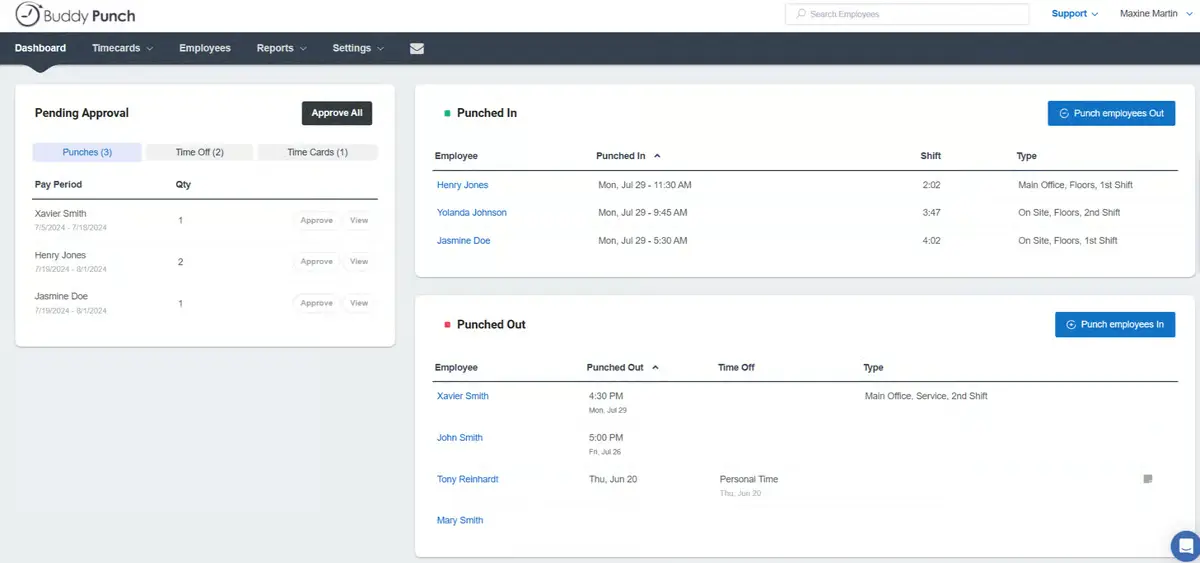 Screenshot of the Buddy Punch software dashboard.