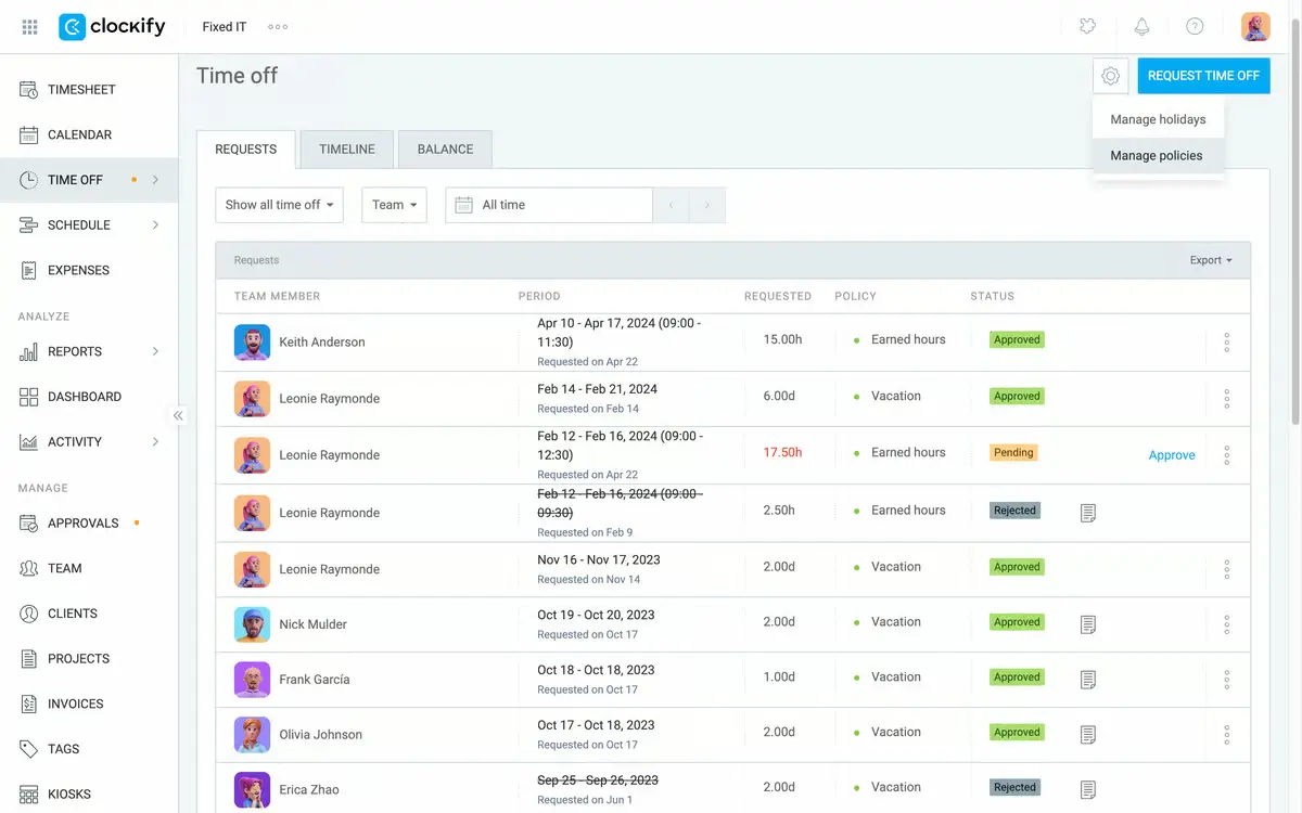 Screenshot of the Clockify Time off dashboard.