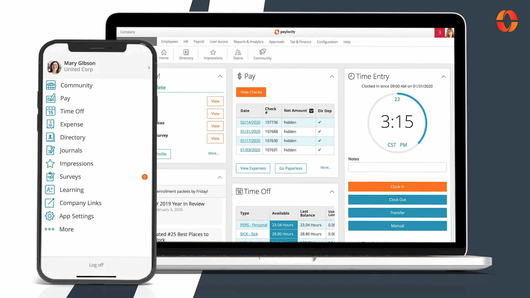 A graphic showcasing the Paylocity user interface on mobile and desktop