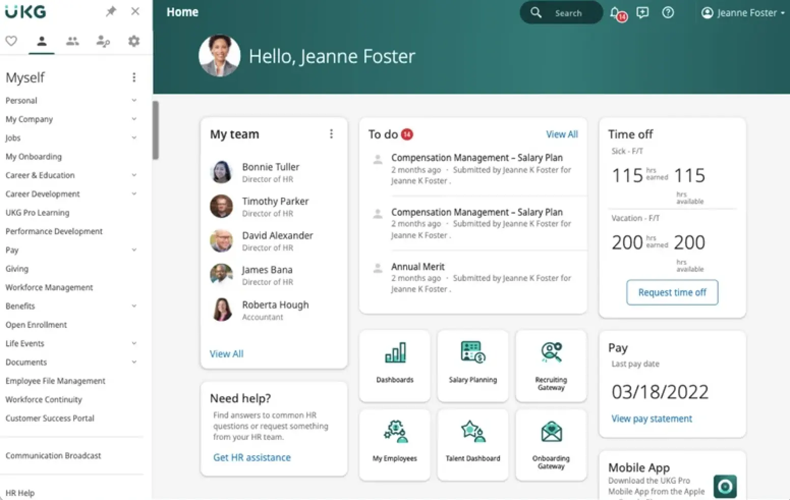 A screenshot of UKG Pro's dashboard for managers