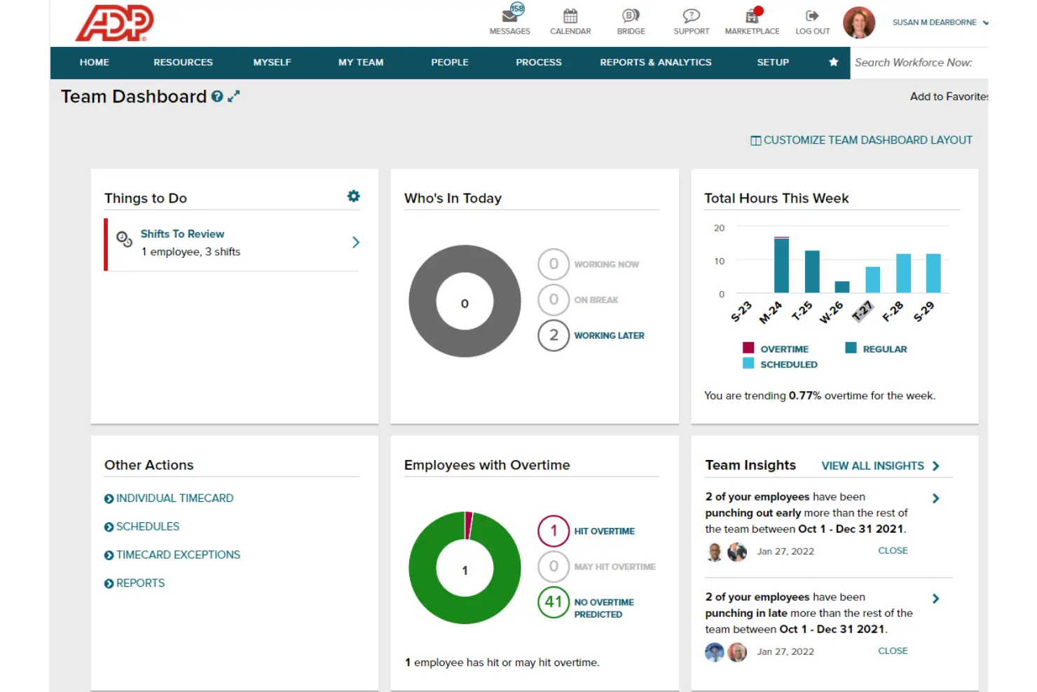 A screenshot of ADP's team-level dashboard