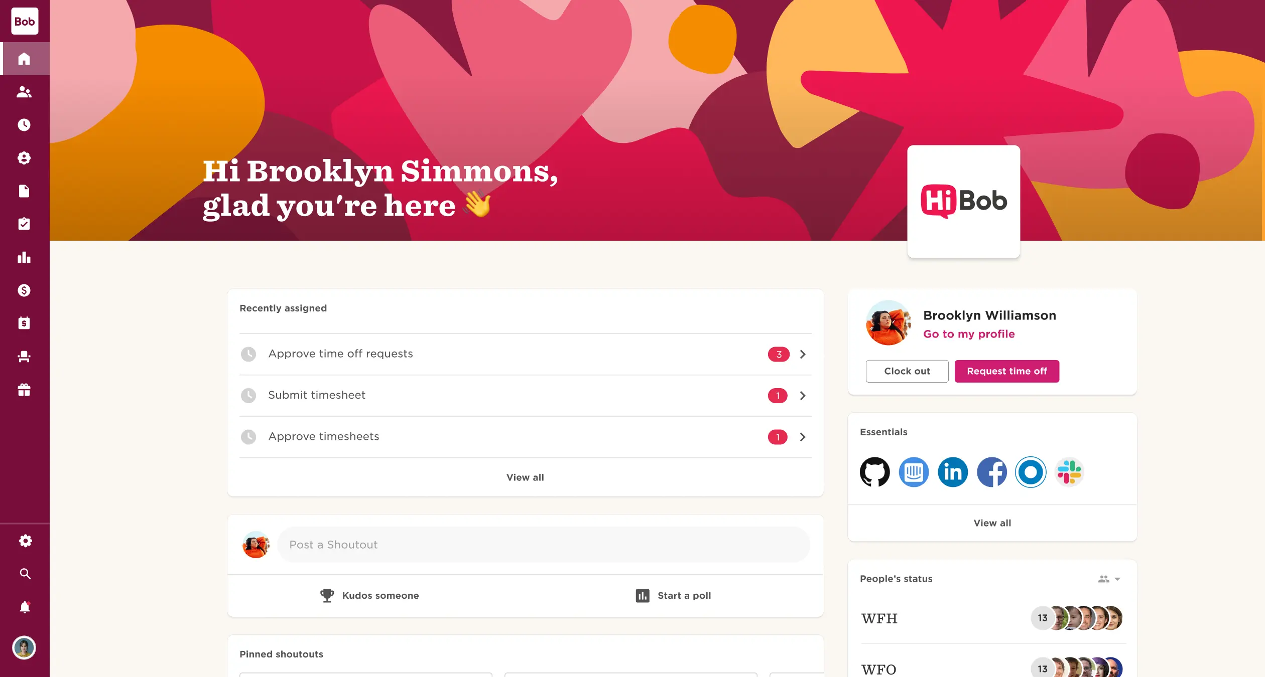 A screenshot of HiBob's user dashboard