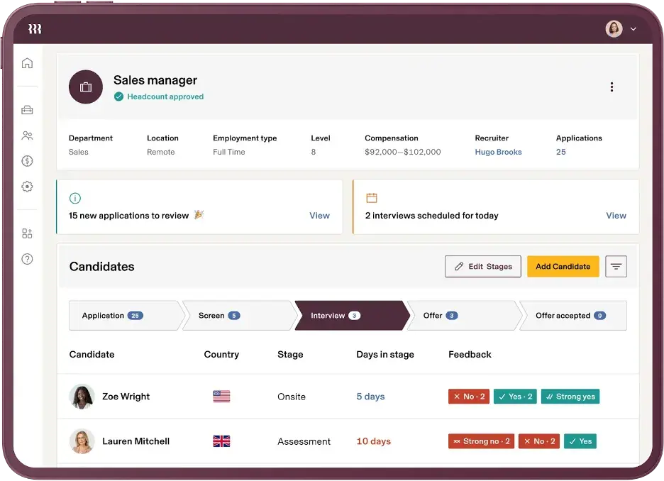 A screenshot showcasing Rippling's manager-level ATS dashboard