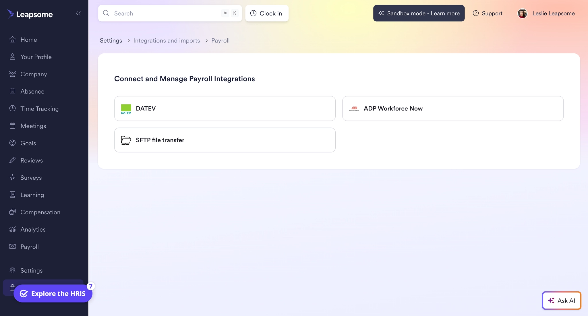Leapsome’s screenshot of the Payroll integrations module showing options to connect and manage payroll integrations including DATEV, ADP Workforce Now, and SFTP file transfer.