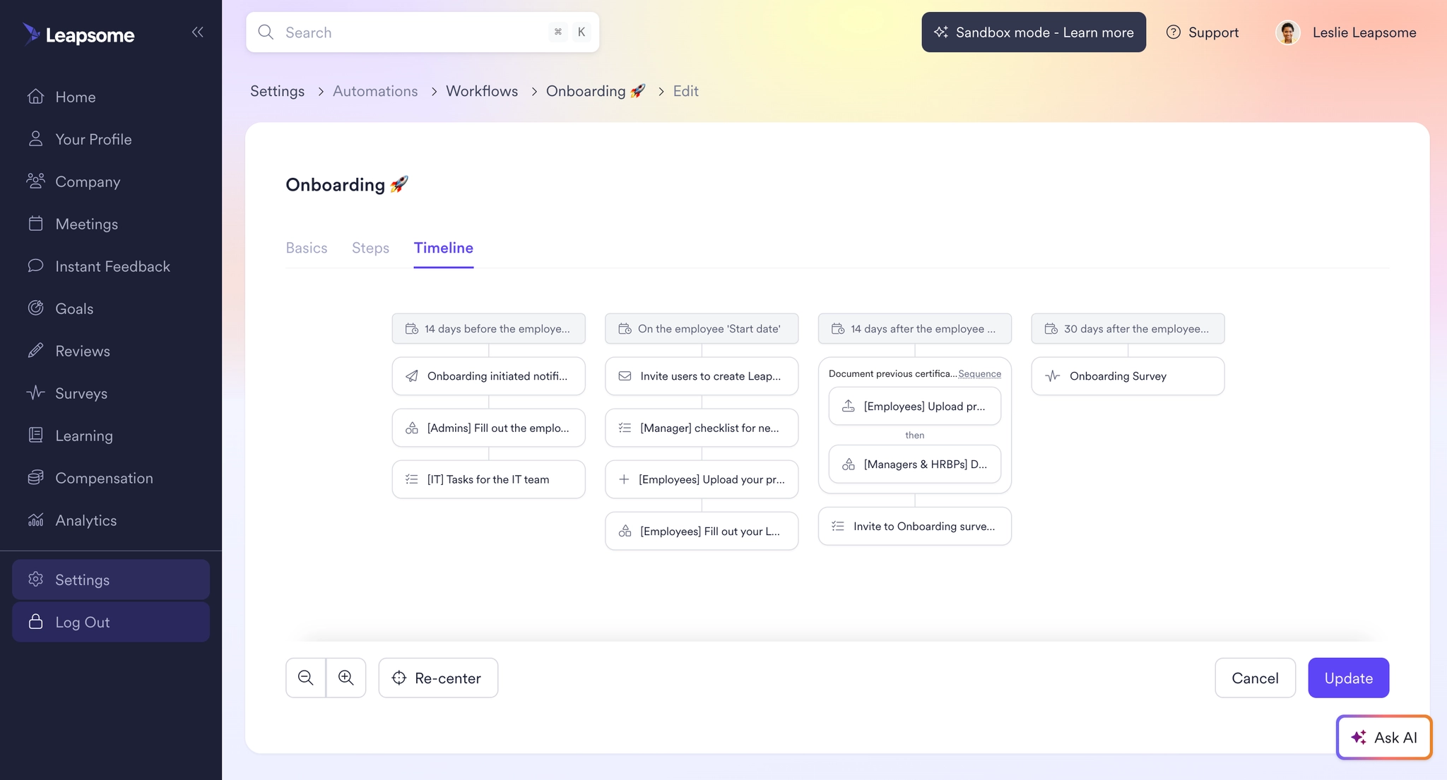 Leapsome’s screenshot of the Workflows module showing an automated onboarding workflow timeline with scheduled tasks, document uploads, manager checklists, and an onboarding survey.