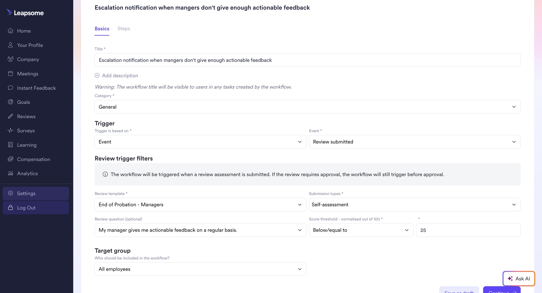 Leapsome’s screenshot of the Workflows module showing a workflow setup for escalating notifications when managers provide low actionable feedback in review submissions.