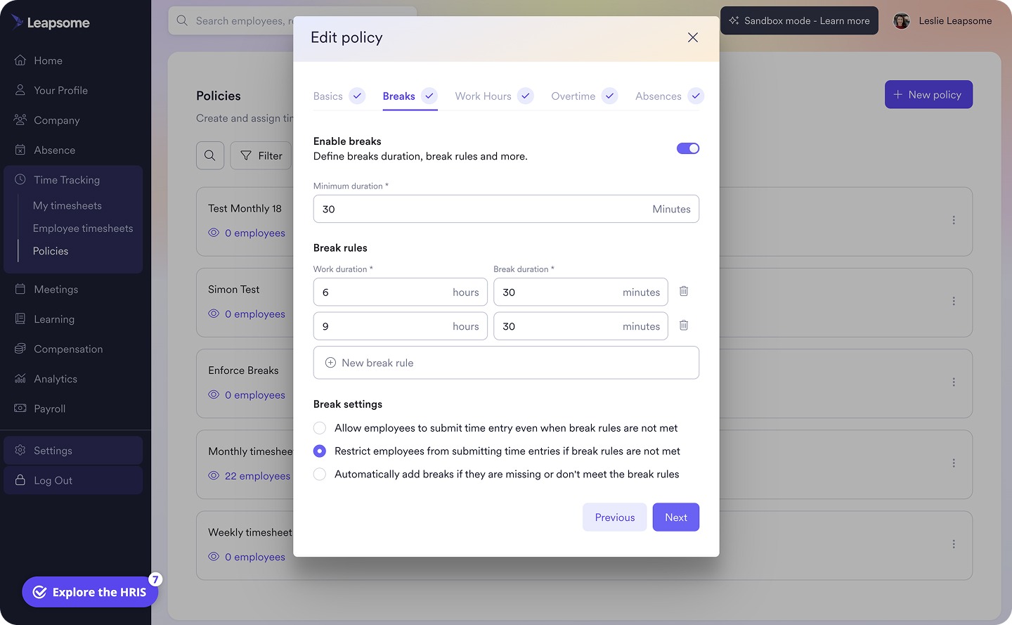 Leapsome’s “Edit policy” form for configuring employee break guidelines.