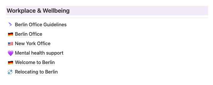 The “Workplace & Well-Being” section of Leapsome’s employee handbook.