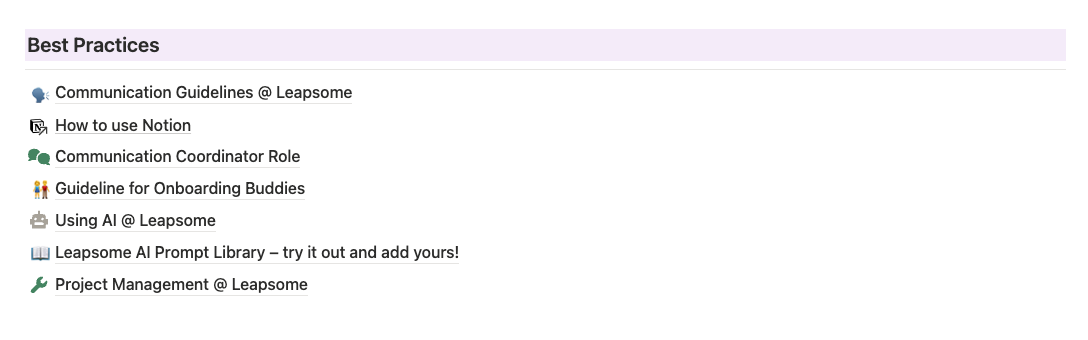 The “Best Practices” section of Leapsome’s employee handbook.