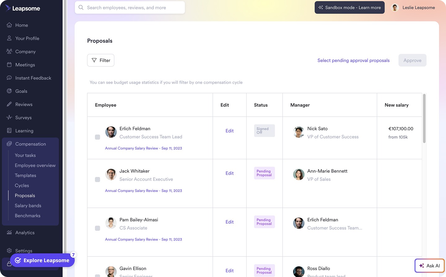 Leapsome’s Compensation Management dashboard, showing pay update proposals for different employees.