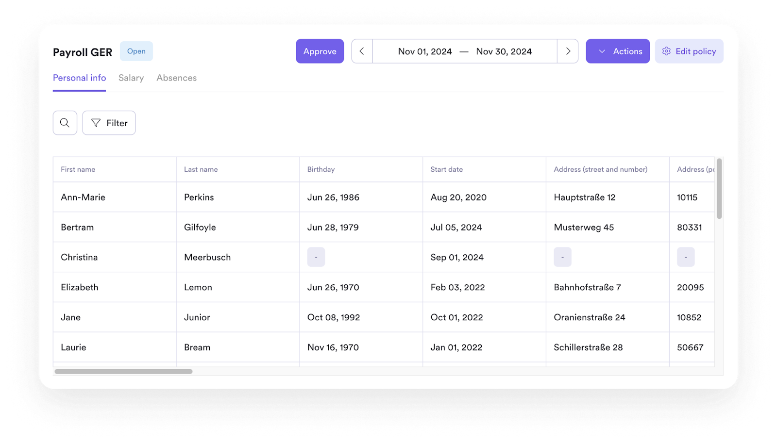 The Leapsome Payroll tool interface, showing employee pay data.
