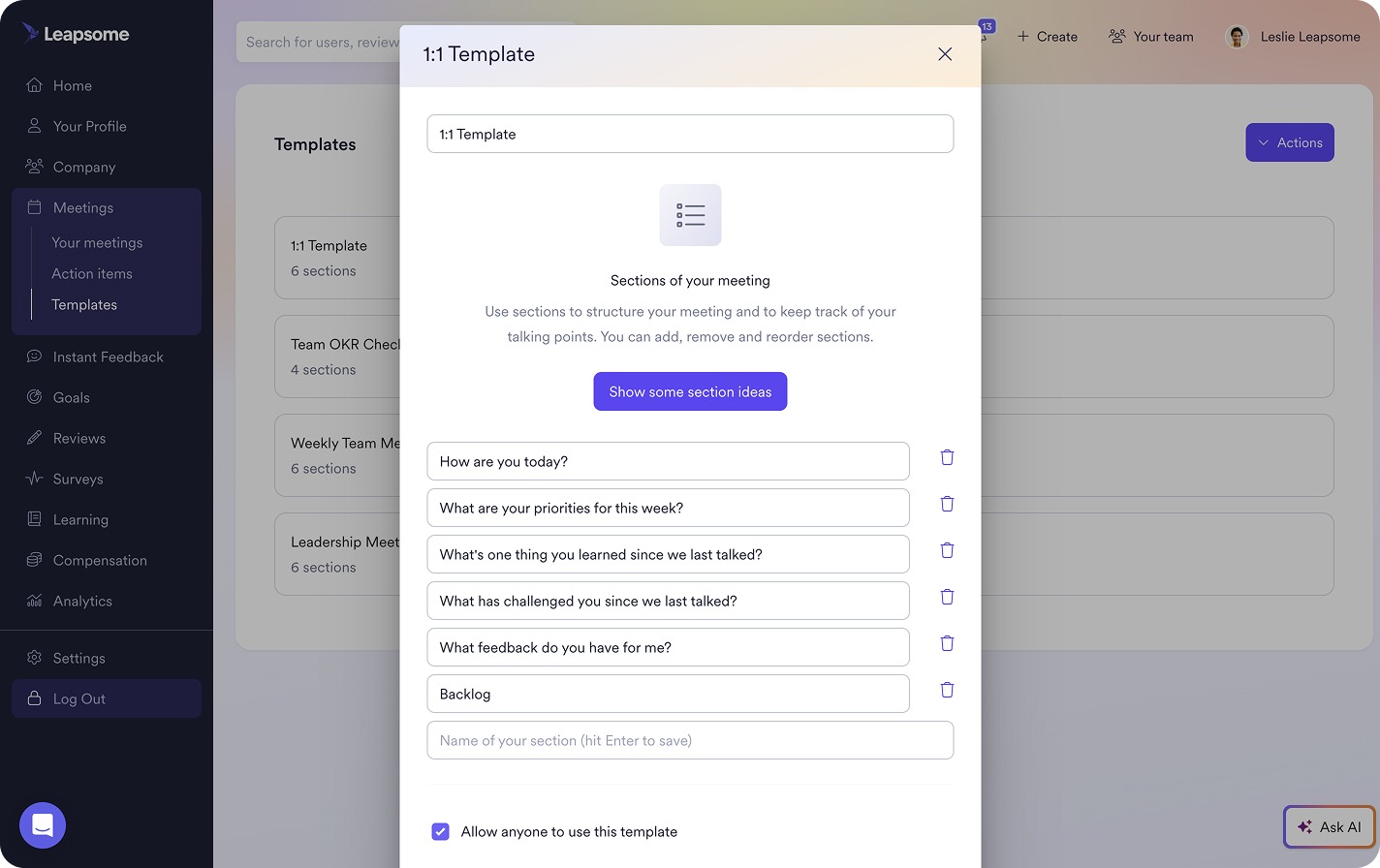 Leapsome’s one-on-one template options.