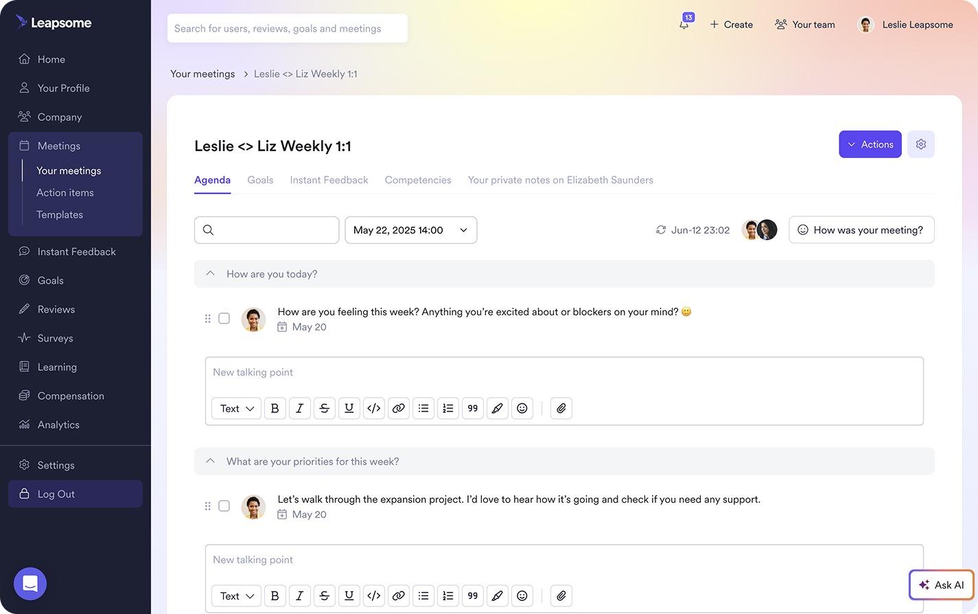 A one-on-one meeting agenda in Leapsome’s dashboard.